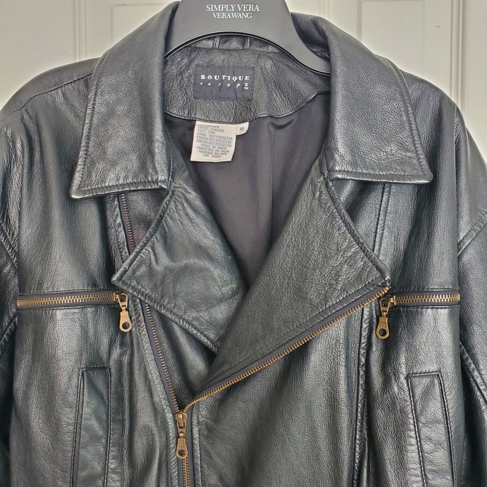 Boutique Europa Leather Jacket Black Grunge Moto Biker Vintage Peplum Waist 10